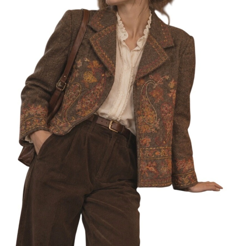 Vintage Wool Blend Blazer Embroidered Paisley M Brown Boho Tweed Jacket Academia
